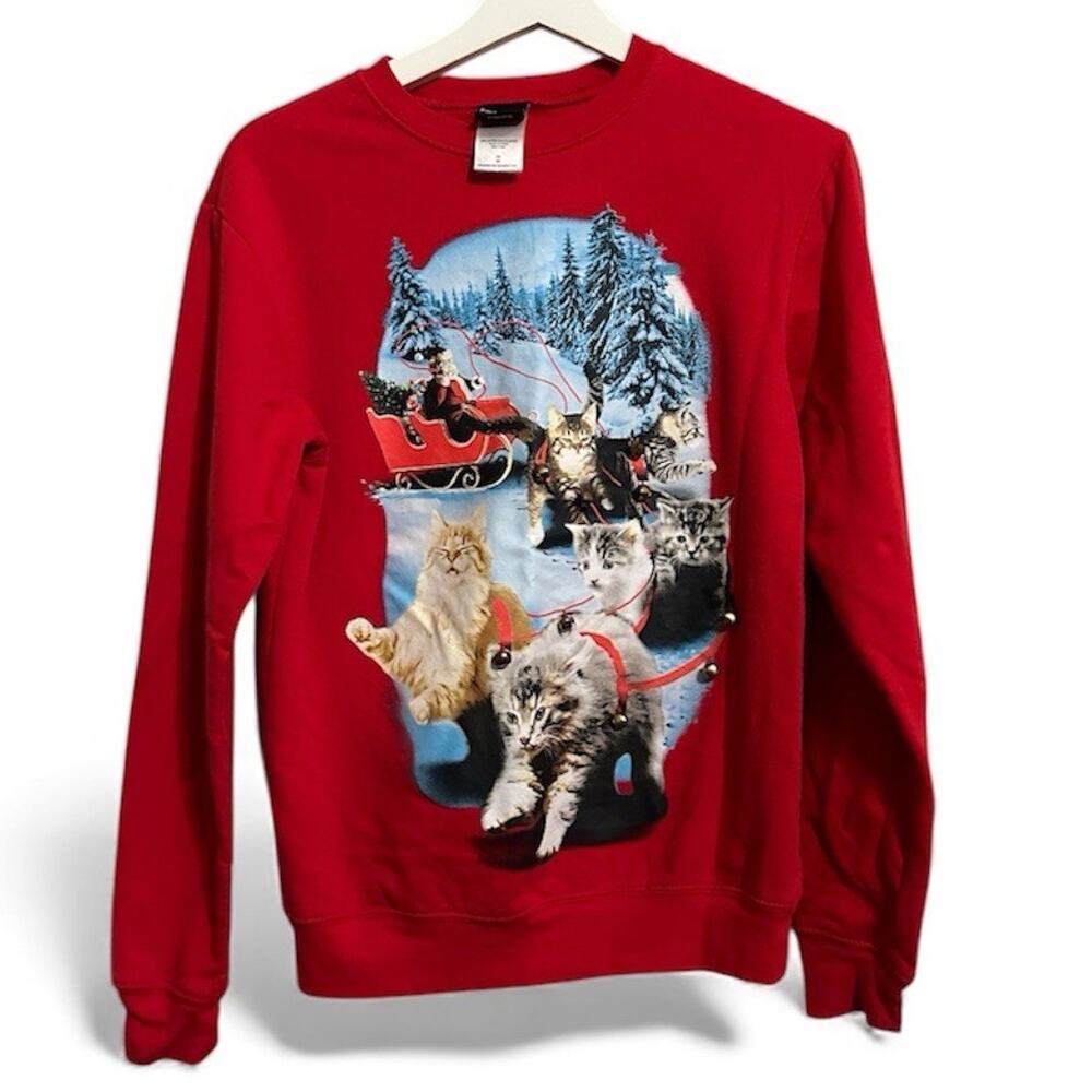 Cat Christmas Sweatshirt With Attached Jingle Bells size Medium